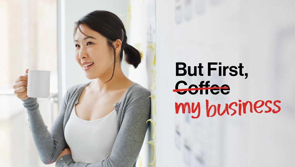 But First, My Business. Woman drinking coffee.
